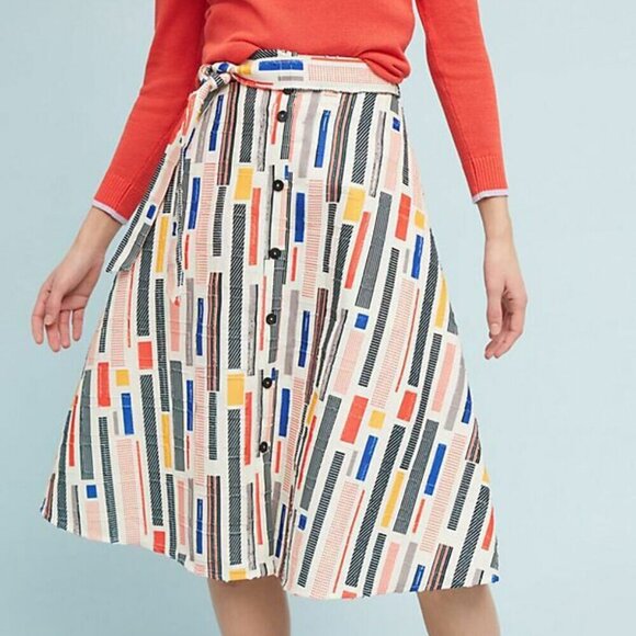Anthropologie 50’s A-Line Midi Skirt 6 Button Front Striped Belted Pockets Hutch - Picture 9 of 9